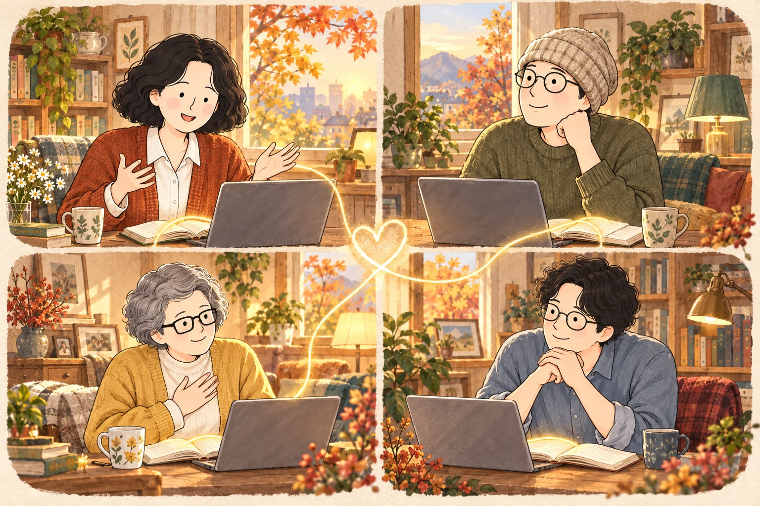 각자의 집에서 화면으로 연결되어 책을 읽고 대화하는 네 사람의 삽화