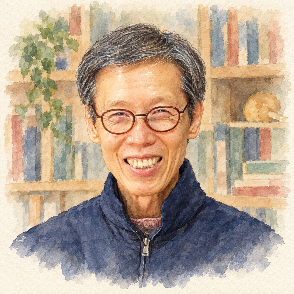 회색 머리와 둥근 안경, 환한 미소를 살린 김정규 작가의 수채화 초상