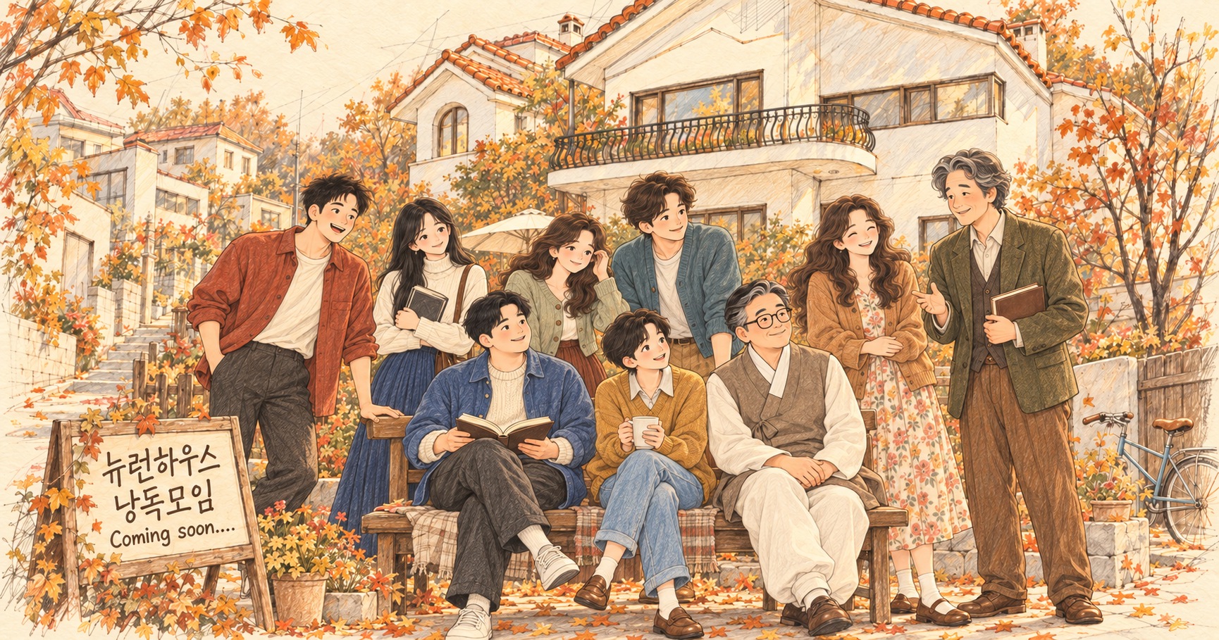 가을빛 뉴런하우스 앞에서 벤치에 앉거나 서서 자연스럽게 모인 아홉 사람의 단체 스케치